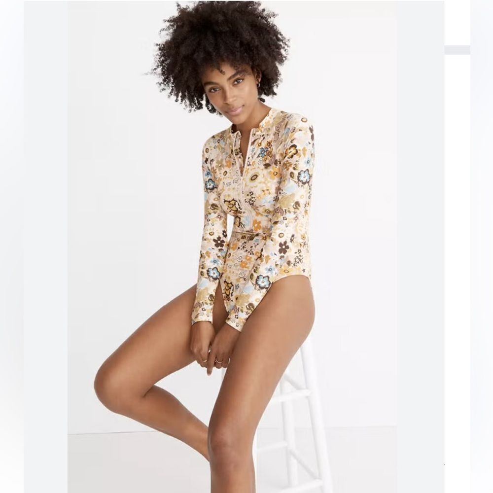 Madewell Swimwear Women’s Long Sleeve Floral Print Zipper One Piece Sz XS